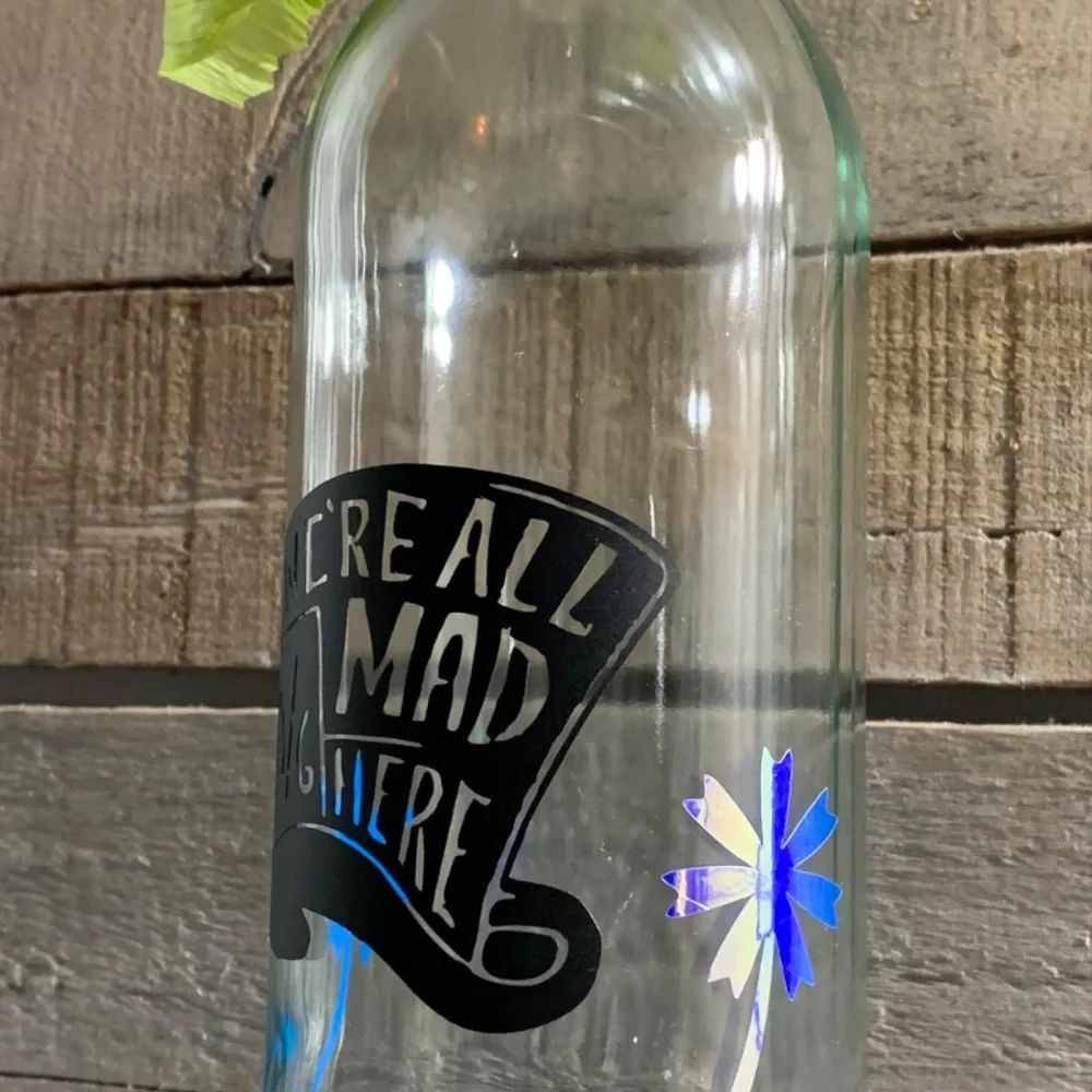Hand Crafted- ‘We’re All Mad Here’ logo Mad Hat Wine Bottle Lantern